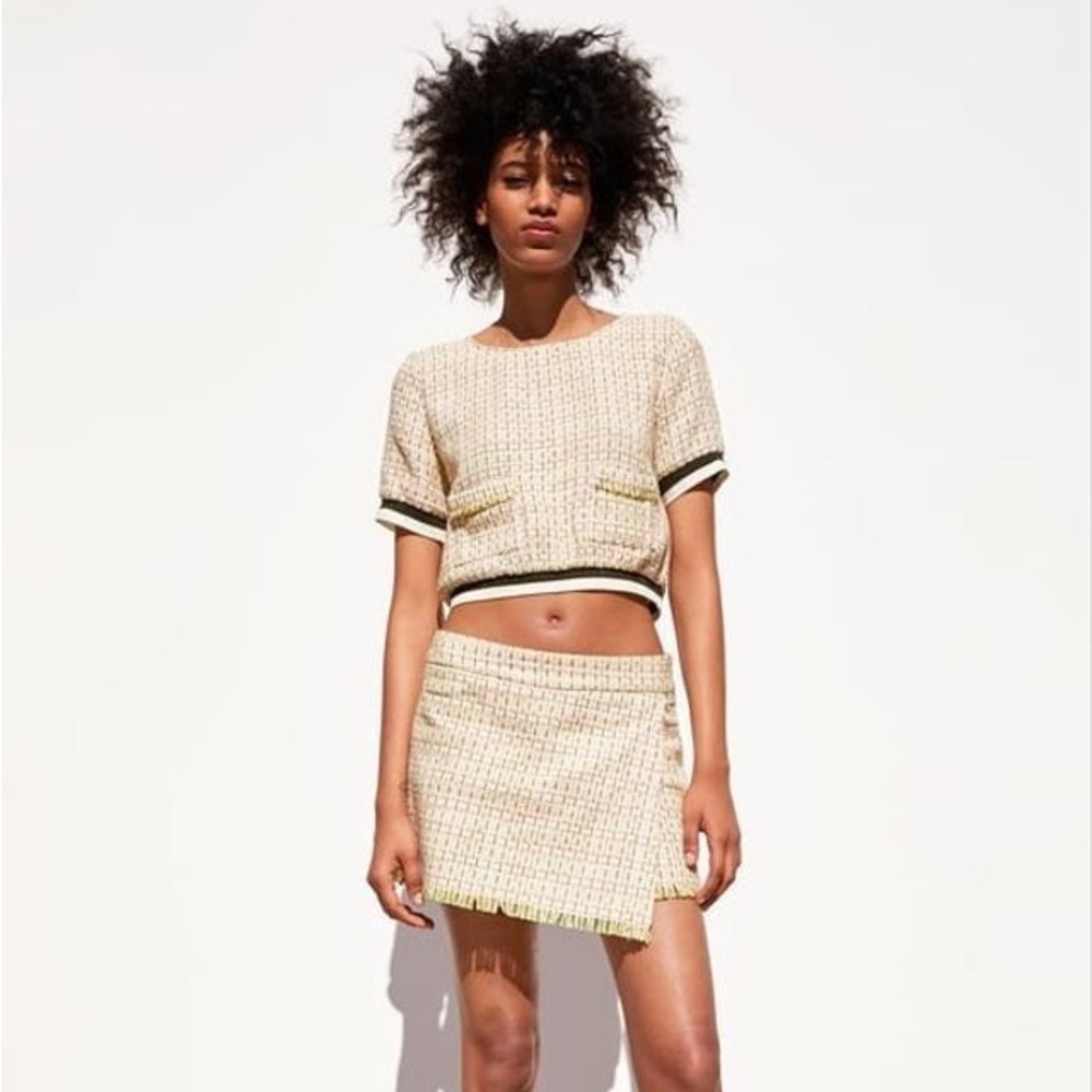 ZARA Multicolor Tweed Short Sleeve Round Neck Crop Top & Shorts